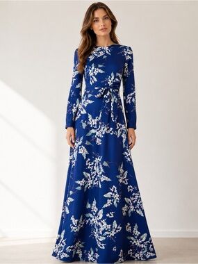 ANNA HARIRI Blue Floral Maxi Dress Women’s US 2 Long Sleeve Tie Waist Modest